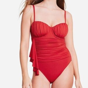 RHODE Ruched Tummy Embossed Dot Ruffle Red One Piece Swimsuit